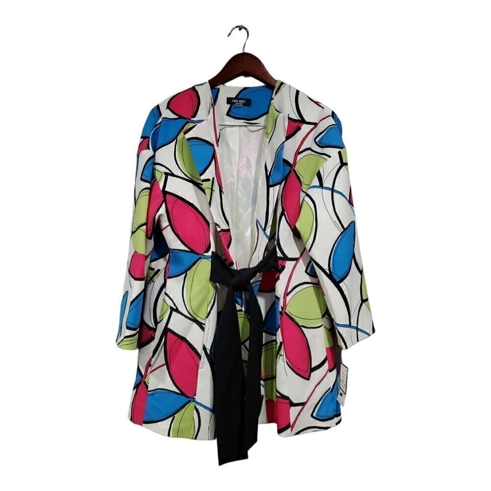 NWT Nine West Women's Printer Tie Wrap Topper Jacket Green Pink Blue Lined Sz 6 - Picture 1 of 16